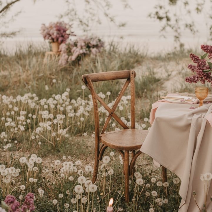 Tischgedeck mit Stuhl in einem Blumenfeld am Ufer, romantische Atmosphäre.